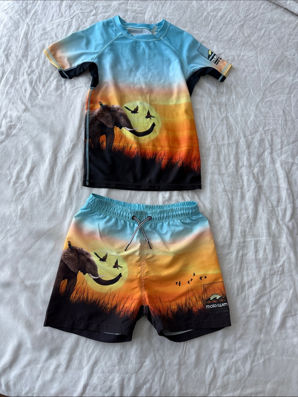 Molo Blue Orange Sunset Elephant Kids Rash Guard Set